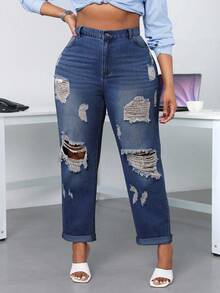 Slaydiva Plus Size Casual Washed Distressed Denim Jeans - Dark Wash - View 2