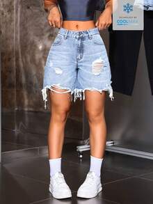 SHEIN ICON Women's Casual Everyday Denim Shorts With Pockets And Button Holes - Light Wash - View 2