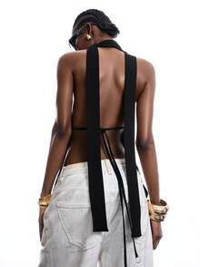 LYSMO 女士纯色开衩性感吊带上衣 - 黑色 - 查看 7