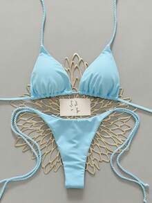Swim Vcay 两件套女士泳装，薄荷绿比基尼，手工绳结装饰 - 淺藍色 - 查看 1