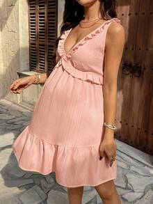 SHEIN Pregnant Women's Textured Fashion Ruffle Hem Sleeveless Dress, Versatile - Pink - View 4