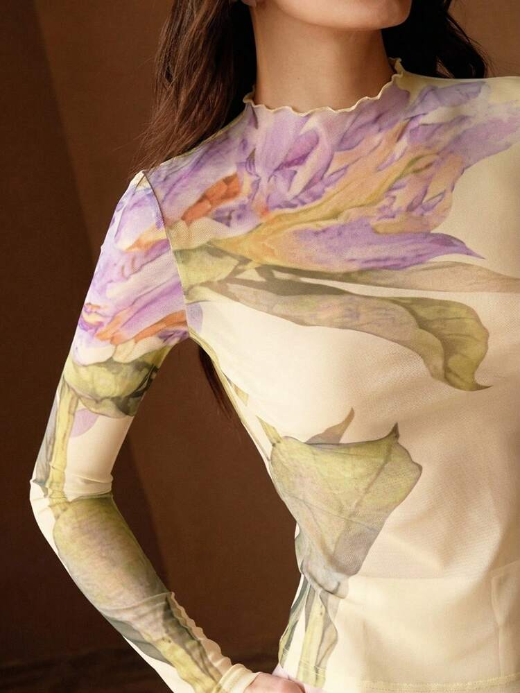 Spring/Summer New Elegant Fashion Casual Date New Year's Party Stretchy Fitted Pink Long Sleeve Mesh Round Neck Knit Top