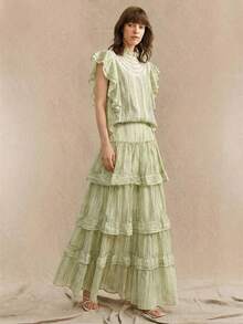 Ontre 2026春夏女式荷叶边上衣，荷叶边袖口，纯色设计，时尚百搭，适合春夏穿着，优雅女式衬衫，适合户外、海滩、波西米亚风度假，舒适百搭。 - 綠色 - 查看 2