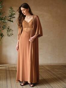 MOTF PREMIUM LACE PATCHWORK LONG ROBE - Brown - View 4