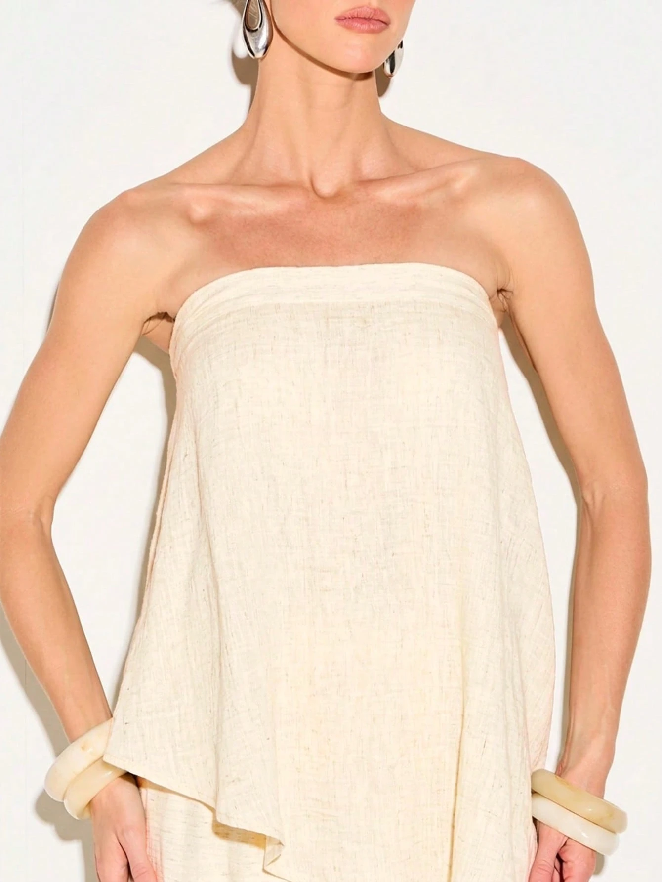 KIZN Strapless Linen Asymmetric Top With Ruffles