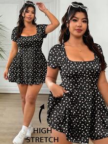 SHEIN EZwear 大码女式夏季休闲碎花圆领短袖A字连体裤，荷叶边下摆，带口袋。适合上学、户外活动、健身、瑜伽和日常穿着。 - 黑色 - 查看 1
