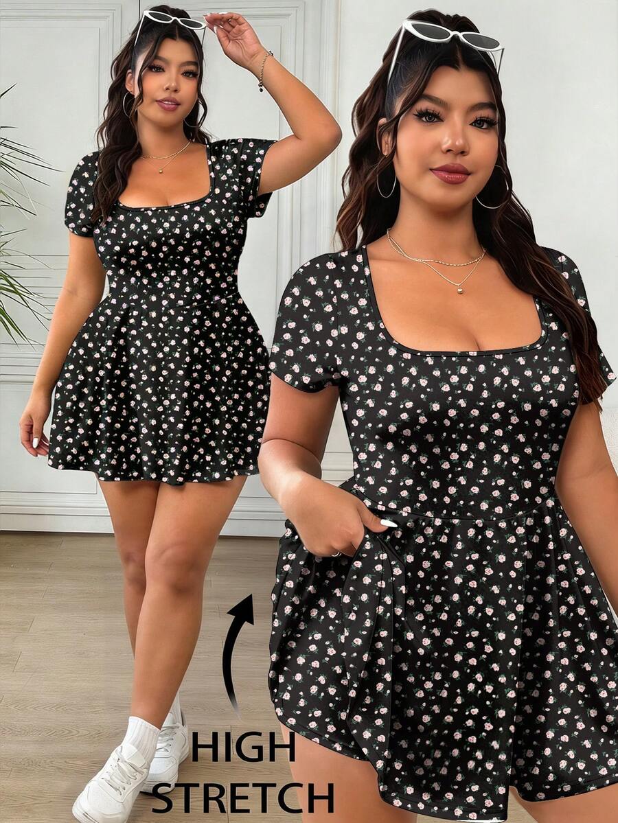 SHEIN EZwear 大码女式夏季休闲碎花圆领短袖A字连体裤，荷叶边下摆，带口袋。适合上学、户外活动、健身、瑜伽和日常穿着。 - 黑色 - 查看 1
