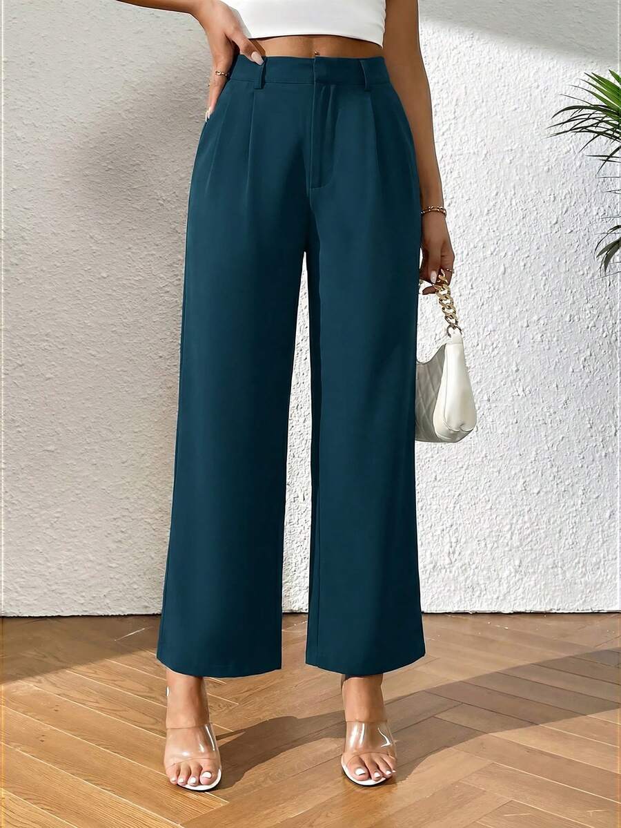 SHEIN PETITE Women's Solid Color Pleated Straight Loose Casual Pants - Navy Blue - View 1