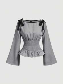SHEIN MOD 女士蝴蝶结装饰褶皱休闲百搭日常衬衫 - 淺灰色 - 查看 2