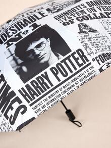 HARRY POTTER X SHEIN 1把卡通人物印花雨伞，黑色防晒涂层，防晒指数50+，适合上学、上班、外出和日常使用，专为大学生、高中生、男士和女士设计，可爱 - 黑與白 - 查看 4
