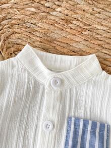 新生男宝宝绅士风短袖套装，简约艺术风休闲夏季婴儿服 - 藍色 - 查看 7