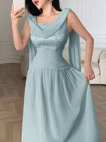 Feyla 新款女士垂褶领提花无袖系腰后拉链连衣裙，优雅年轻女士修身A字廓形，适合约会、派对和日常穿着。 - 淺藍色 - 查看 6