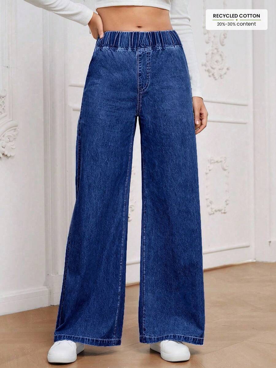 Jeans de pierna ancha sueltos con cintura elástica, versátiles y casuales para uso diario y trayectos - Azul - Ver 1