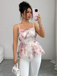 SHEIN Elenzya Women's Elegant Sexy Vacation Style Mesh Fabric Pleated Ruffle Waist A-Line Camisole, Spring/Summer Golf White - Pink - View 6