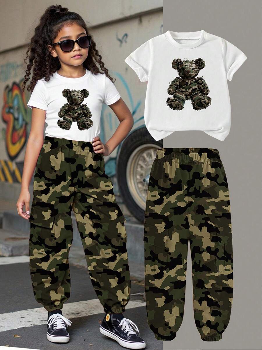 SHEIN Young Girl Sweet Camouflage Bear Print T-Shirt & Cargo Pants Set,Summer Casual Streetwear Outfit For Kids,Round Neck Short Sleeve Lightweight Gifts - Multicolor - View 1