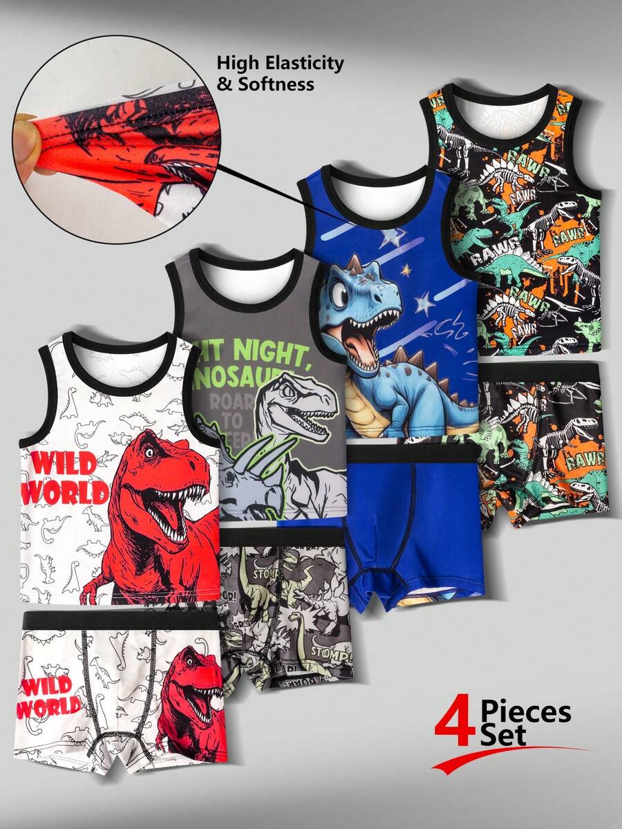 Bộ 4 món đồ lót bé trai phong cách tối giản in hình khủng long, gồm áo ba lỗ và quần boxer thoải mái. - Nhiều màu - Xem 1