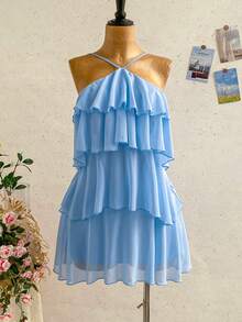 Soleia Đầm mini chiffon nhiều lớp xếp ly, màu trơn, thanh lịch, lãng mạn, thích hợp cho đám cưới, tiệc tùng, đi nghỉ mát, tiệc hoa, hẹn hò, Ngày Valentine, Lễ Phục Sinh, Lễ hội Carnival, tiệc trà chiều, đi biển, du thuyền, hoặc dạo phố. - Màu xanh nhạt - Xem 4
