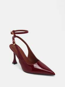 秋冬女士尖头高跟鞋 时尚红色金属搭扣带露跟鞋，优雅，派对，细高跟 - 酒紅色 - 查看 9