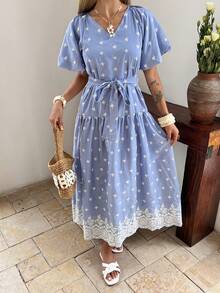 DAZY 休闲度假风刺绣蓝色连衣裙，春夏款 - 藍色 - 查看 7