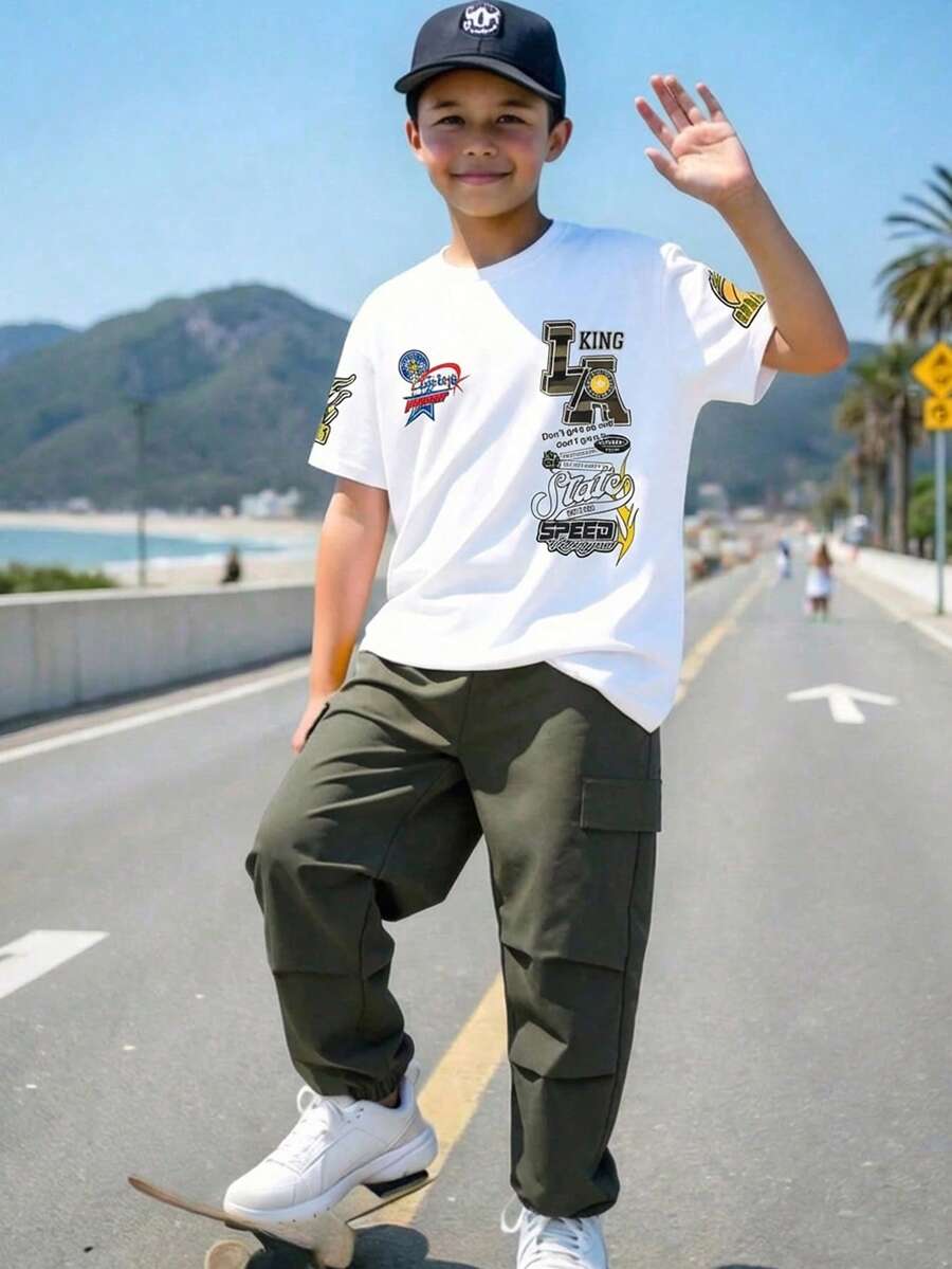 Coolqubz 2件套 男童夏季印花圆领T恤和褶皱工装裤 休闲运动套装 - 彩色 - 查看 1