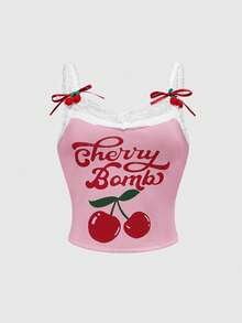ROMWE Kawaii 2pcs/Set Casual Cherry Print Lace Trim Camisole Top And Ruched Super Shorts For Plus Size Women - Pink - View 4