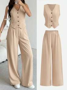 SHEIN Girlism Bộ đồ nữ tuổi teen thanh lịch, gồm áo blazer không tay cổ chữ V và quần ống rộng thẳng, thích hợp cho mùa hè đi học, mặc thường ngày, đi làm, đi nghỉ mát, ăn tối, hẹn hò, trở lại trường học. - Màu Khaki - Xem 3