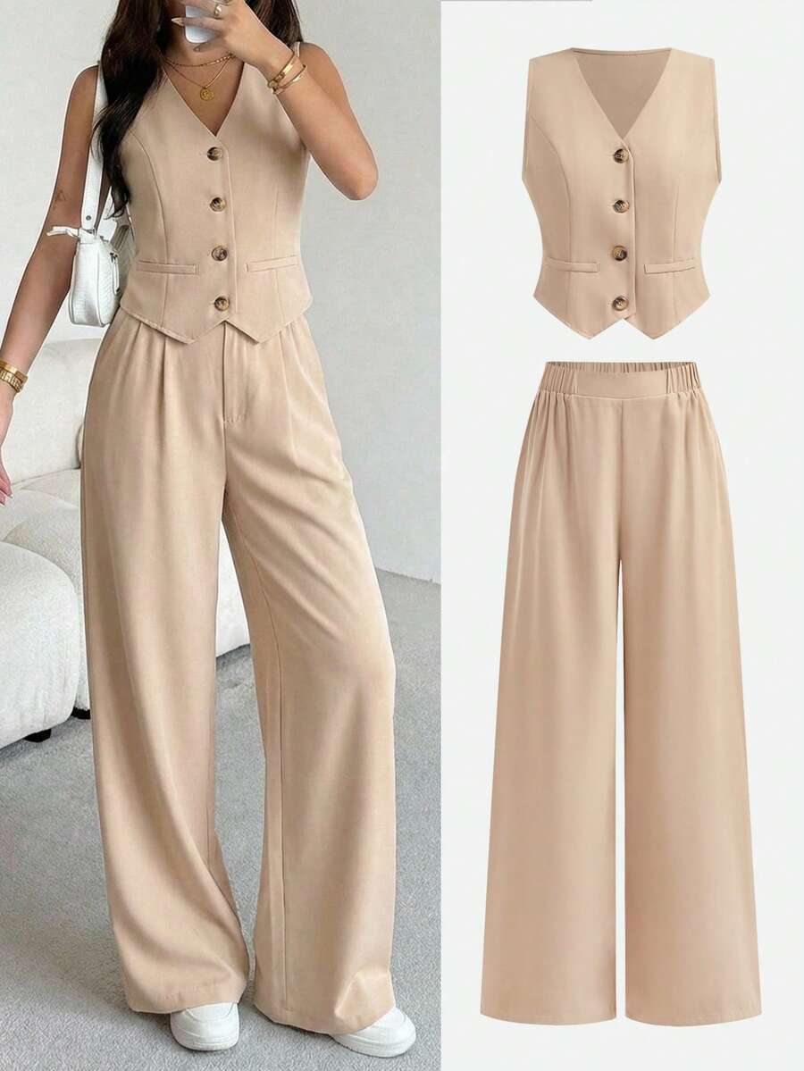 SHEIN Girlism Bộ đồ nữ tuổi teen thanh lịch, gồm áo blazer không tay cổ chữ V và quần ống rộng thẳng, thích hợp cho mùa hè đi học, mặc thường ngày, đi làm, đi nghỉ mát, ăn tối, hẹn hò, trở lại trường học. - Màu Khaki - Xem 1