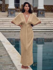 SHEIN Swim Chicsea 女士优雅金属扣褶裥深V领连衣裙，适合海滩度假 - 卡其色 - 查看 7