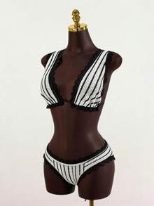 SaltGleam SaltGleam Women's Striped Deep V-Neck Cropped Tank Top And Shorts Sexy 2 Pieces Set - Black and White - View 3