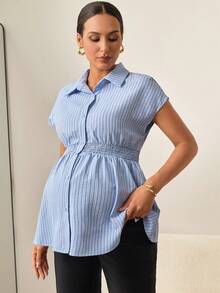 MaterniWear Maternity Striped Print Button-Front Casual Short Sleeve Shirt - Blue - View 6