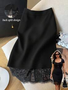 GlowEve CURVE Falda elegante de unicolor con contraste de encaje y abertura en el bajo para mujer de talla grande - Negro - Ver 1