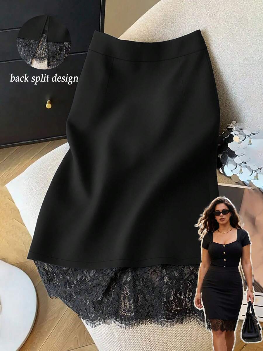 GlowEve CURVE Falda elegante de unicolor con contraste de encaje y abertura en el bajo para mujer de talla grande - Negro - Ver 1