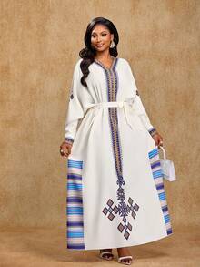 Brilight Vestido largo elegante de fiesta de Navidad y Año Nuevo para mujer con estampado de elementos de rayas y patrones elegantes - Albaricoque - Ver 3