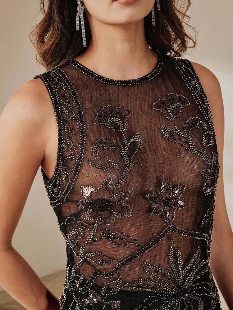 Women's Black Sequin Beaded Party Dress, Elegant Short Cocktail Dress For Formal Occasions