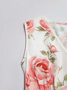 SHEIN Elegant Floral Print V-Neck Sleeveless Tie-Waist Maxi Dress, Versatile For Casual, Outdoor, Date, Party, Commute, Business, Office Wear Tea Party Dress For Women Elegant Dress For Women Smocked Elastic Waist Dress Floral Print Dress Rose Print Dress - Multicolor - View 6