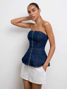 Maija Women's Casual Versatile Zipper Cropped Denim Top, Suitable For Dates And Outings - Dark Wash - View 4