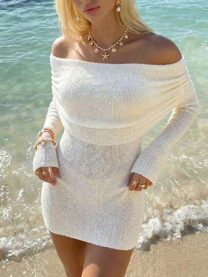 Sundraya 女士露肩擴腿長袖優雅纖細針織連衣裙