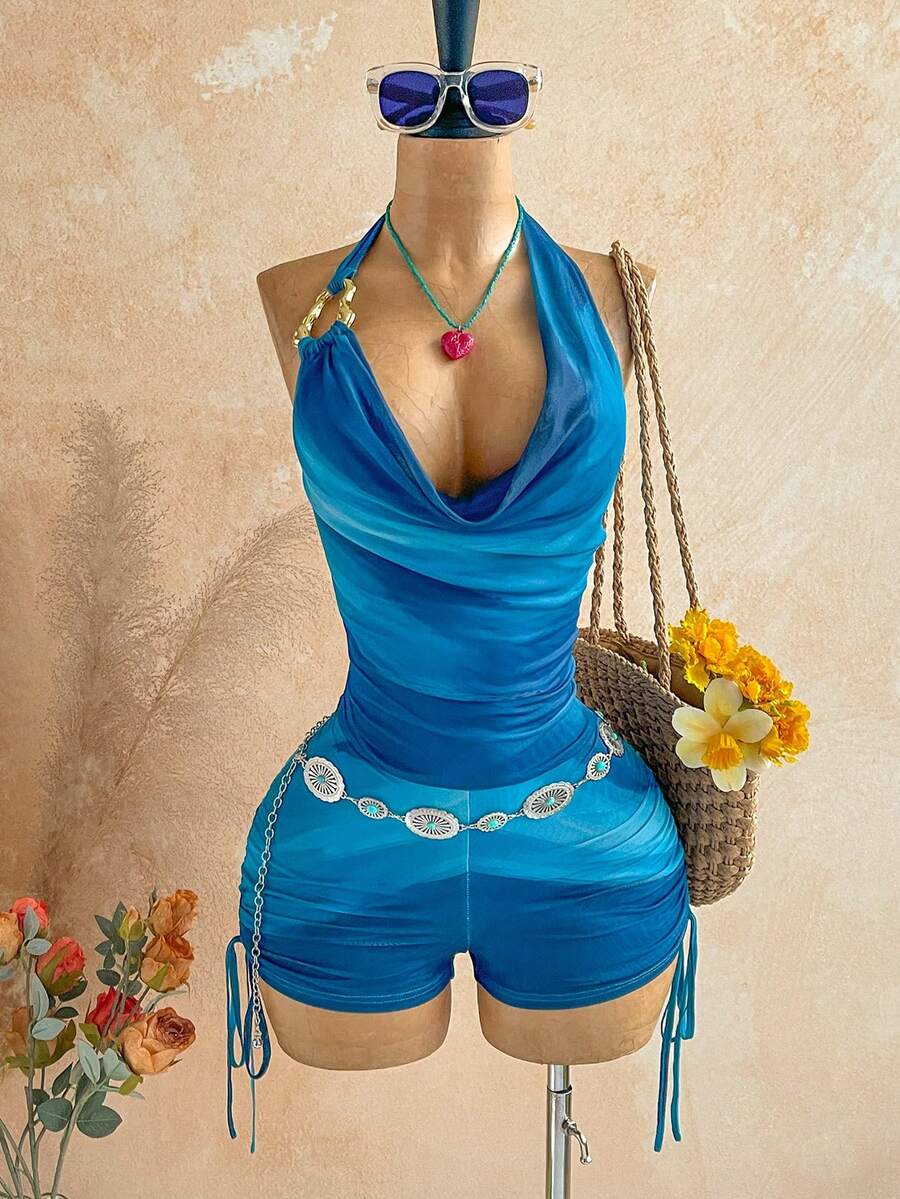 Soleia 女士复古渐变印花网纱金属装饰层叠荷叶边深V连体裤，性感显瘦时尚，适合派对、约会、情人节、狂欢节、复活节、西部牛仔风、邮轮旅行、假日、海滩、音乐节、波西米亚风度假等场合，四季皆宜。 - 水鴨藍 - 查看 1