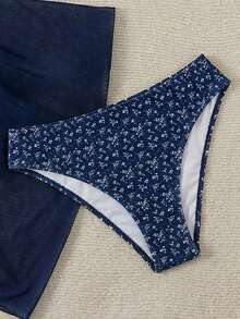 少女三件套泳衣：碎花比基尼上衣、泳裤和系带半身裙，蓝白相间 - 藏蓝色 - 查看 4
