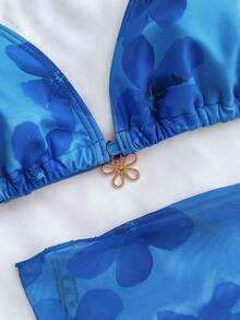 Teen Girls 3-Piece Blue Floral Bikini Set,Spaghetti Strap Triangle Swimwear With Sarong Cover Up Mesh Ruffle Skirt For Summer,Beach,Vacation,Holiday - Baby Blue - View 3