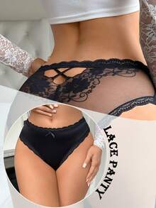 Seduluxe 1pc Women Solid Color Lace Patchwork Panty - Black - View 2