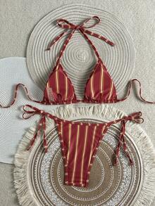 SHEIN Swim Vcay Tie-Neck Striped Halter Bikini Set - Multicolor - View 4