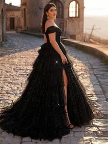 Aureia Váy maxi xòe cỡ lớn, sang trọng, thanh lịch với ren thêu, đường may xương cá, đính sequin và lưới, xẻ tà, thích hợp cho đám cưới, sự kiện, tiệc tùng, kỳ nghỉ, dạ hội (đính kèm nhiều chi tiết trang trí). - màu đen - Xem 5