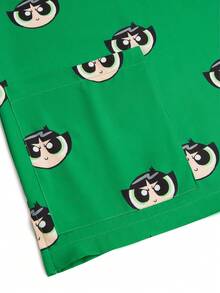 PopScrub THE POWERPUFF GIRLS X SHEIN Women's Energetic All-Over Print V-Neck Scrub Top, Fresh Green Cartoon Big Eye Print Nurse Uniform - Green - View 5