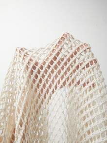 SHEIN Franclia Trang phục mùa hè mới cho nữ, Áo choàng poncho dệt kim màu trắng ngà - Cổ chữ V dáng tam giác, cài một nút, chi tiết tua rua ở gấu áo, nét quyến rũ boho và phong cách biển cả. - Màu be - Xem 8
