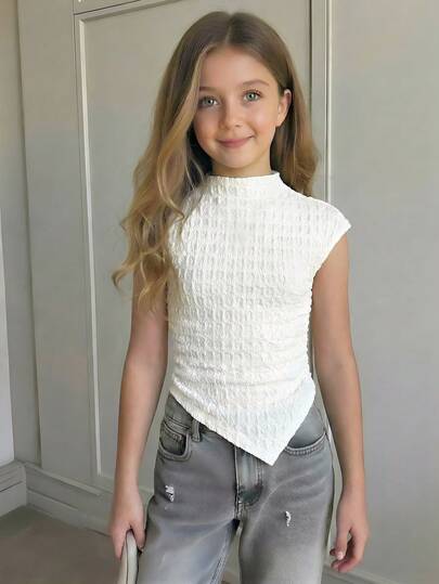 SHEIN Áo thun nữ tuổi teen kiểu dáng thường ngày, chất liệu dệt kim, ôm sát, cổ cao, xếp ly, vạt áo bất đối xứng, tay ngắn, phù hợp cho mùa xuân/hè đi học, áo hai dây thời trang xuân/hè cho tiệc tùng, ngày Valentine, tiệc trà chiều, lễ Phục sinh, lễ hội, du thuyền biển.