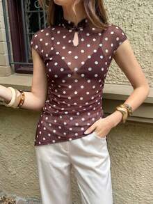 EastFlair Áo kiểu nữ tay ngắn in chấm bi, chất liệu mỏng, gợi cảm. - Cà phê nâu - Xem 4