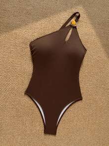 Swim Basics 女士纯色镂空连体泳衣，适合度假 - 棕色 - 查看 5
