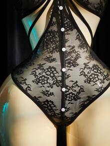 SpicyHot Body de encaje negro con diseño floral calado y botones, lencería sexy para mujer, adulta, para luna de miel, cita, lencería de encaje sexy, conjunto de lencería, atuendo sexy - Negro - Ver 4