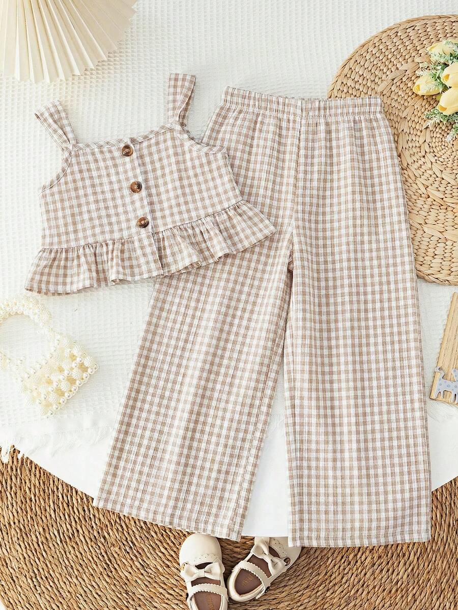 SHEIN LMoss Kids LMoss 女童条纹编织背心和宽松休闲裤套装 - 卡其色 - 查看 1